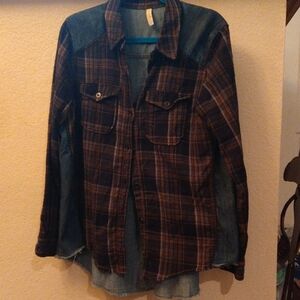 Plaid Button-Up Shirt with Denim Accents